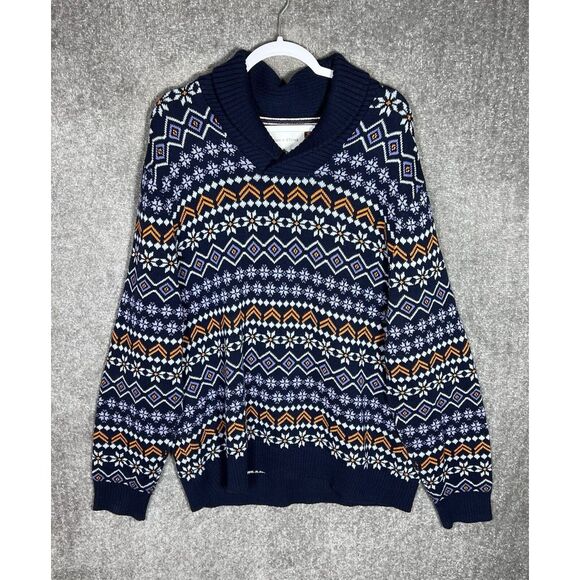 Sun + Stone Fair Isle Shawl Collar Sweater Mens Size XXL Blue Orange Cotton Knit - Picture 1 of 6